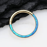 Detail View 1 of Golden Brilliant Fire Opal Lined Front Facing Seamless Clicker Hoop Ring-Blue Opal