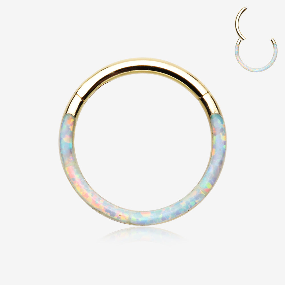 Golden Brilliant Fire Opal Lined Front Facing Seamless Clicker Hoop Ring-White Opal