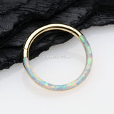 Detail View 1 of Golden Brilliant Fire Opal Lined Front Facing Seamless Clicker Hoop Ring-White Opal