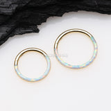 Detail View 2 of Golden Brilliant Fire Opal Lined Front Facing Seamless Clicker Hoop Ring-White Opal