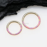Detail View 2 of Golden Brilliant Fire Opal Lined Front Facing Seamless Clicker Hoop Ring-Pink Opal