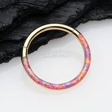 Detail View 1 of Golden Brilliant Fire Opal Lined Front Facing Seamless Clicker Hoop Ring-Pink Opal