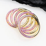 Detail View 3 of Golden Brilliant Fire Opal Lined Front Facing Seamless Clicker Hoop Ring-Pink Opal