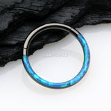 Detail View 1 of Blackline Brilliant Fire Opal Lined Front Facing Seamless Clicker Hoop Ring-Blue Opal