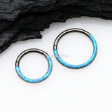 Detail View 2 of Blackline Brilliant Fire Opal Lined Front Facing Seamless Clicker Hoop Ring-Blue Opal