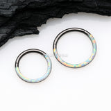 Detail View 2 of Blackline Brilliant Fire Opal Lined Front Facing Seamless Clicker Hoop Ring-White Opal
