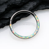 Detail View 1 of Blackline Brilliant Fire Opal Lined Front Facing Seamless Clicker Hoop Ring-White Opal