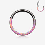 Blackline Brilliant Fire Opal Lined Front Facing Seamless Clicker Hoop Ring-Pink Opal