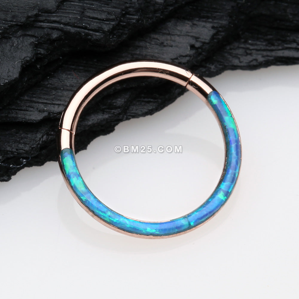 Detail View 1 of Rose Gold Brilliant Fire Opal Lined Front Facing Seamless Clicker Hoop Ring-Blue Opal