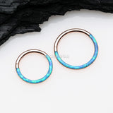 Detail View 2 of Rose Gold Brilliant Fire Opal Lined Front Facing Seamless Clicker Hoop Ring-Blue Opal
