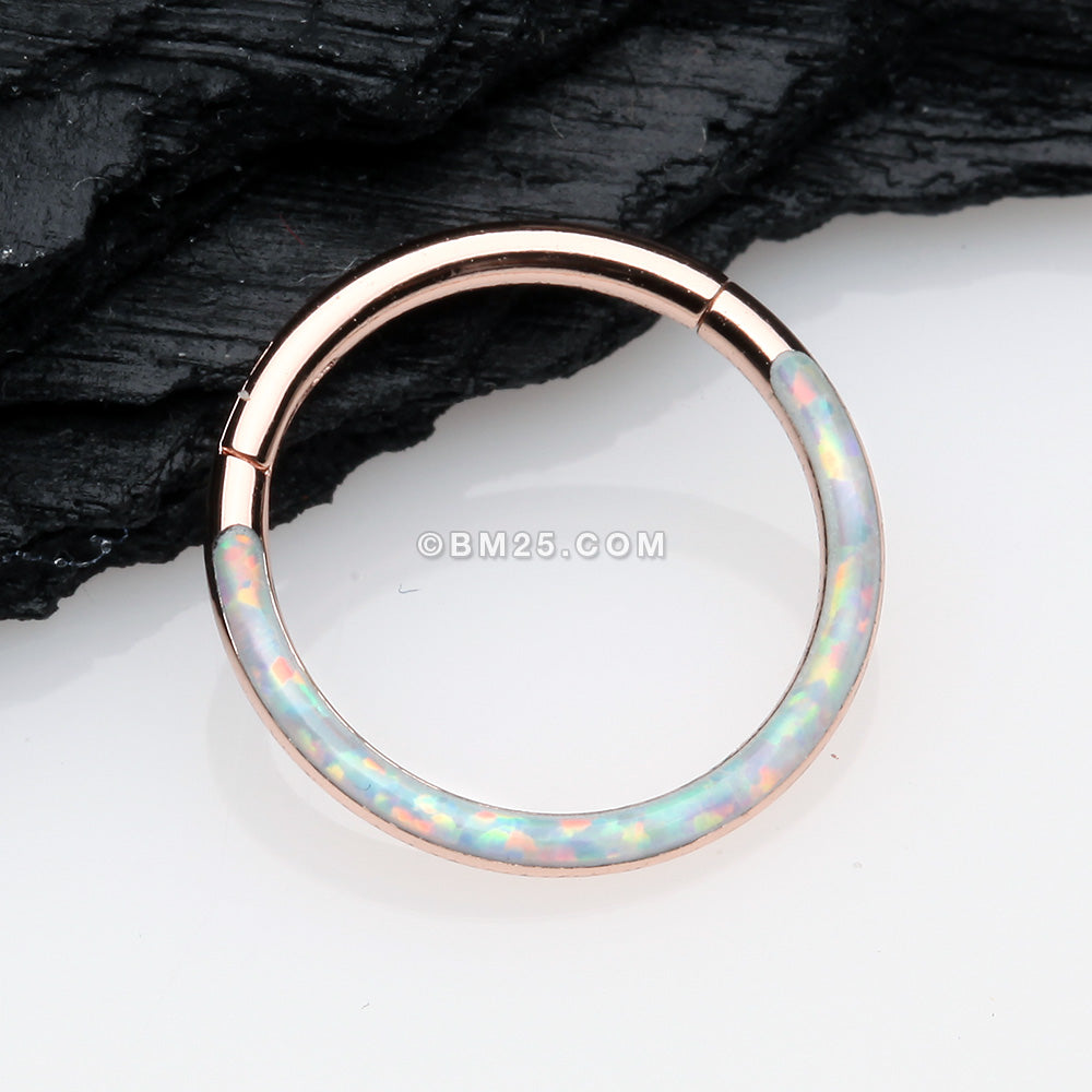 Detail View 1 of Rose Gold Brilliant Fire Opal Lined Front Facing Seamless Clicker Hoop Ring-White Opal