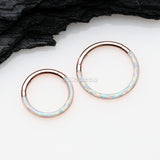 Detail View 2 of Rose Gold Brilliant Fire Opal Lined Front Facing Seamless Clicker Hoop Ring-White Opal
