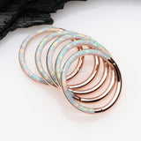Detail View 3 of Rose Gold Brilliant Fire Opal Lined Front Facing Seamless Clicker Hoop Ring-White Opal