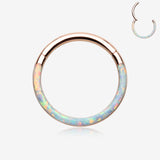 Rose Gold Brilliant Fire Opal Lined Front Facing Seamless Clicker Hoop Ring