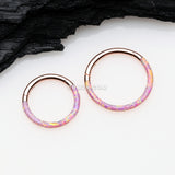 Detail View 2 of Rose Gold Brilliant Fire Opal Lined Front Facing Seamless Clicker Hoop Ring-Pink Opal