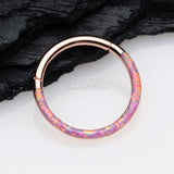 Detail View 1 of Rose Gold Brilliant Fire Opal Lined Front Facing Seamless Clicker Hoop Ring-Pink Opal