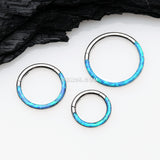 Detail View 2 of Brilliant Fire Opal Lined Front Facing Seamless Clicker Hoop Ring-Blue Opal