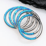 Detail View 3 of Brilliant Fire Opal Lined Front Facing Seamless Clicker Hoop Ring-Blue Opal