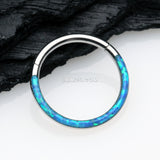 Detail View 1 of Brilliant Fire Opal Lined Front Facing Seamless Clicker Hoop Ring-Blue Opal