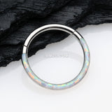 Detail View 1 of Brilliant Fire Opal Lined Front Facing Seamless Clicker Hoop Ring-White Opal