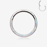 Brilliant Fire Opal Lined Front Facing Seamless Clicker Hoop Ring-White Opal