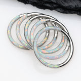 Detail View 3 of Brilliant Fire Opal Lined Front Facing Seamless Clicker Hoop Ring-White Opal