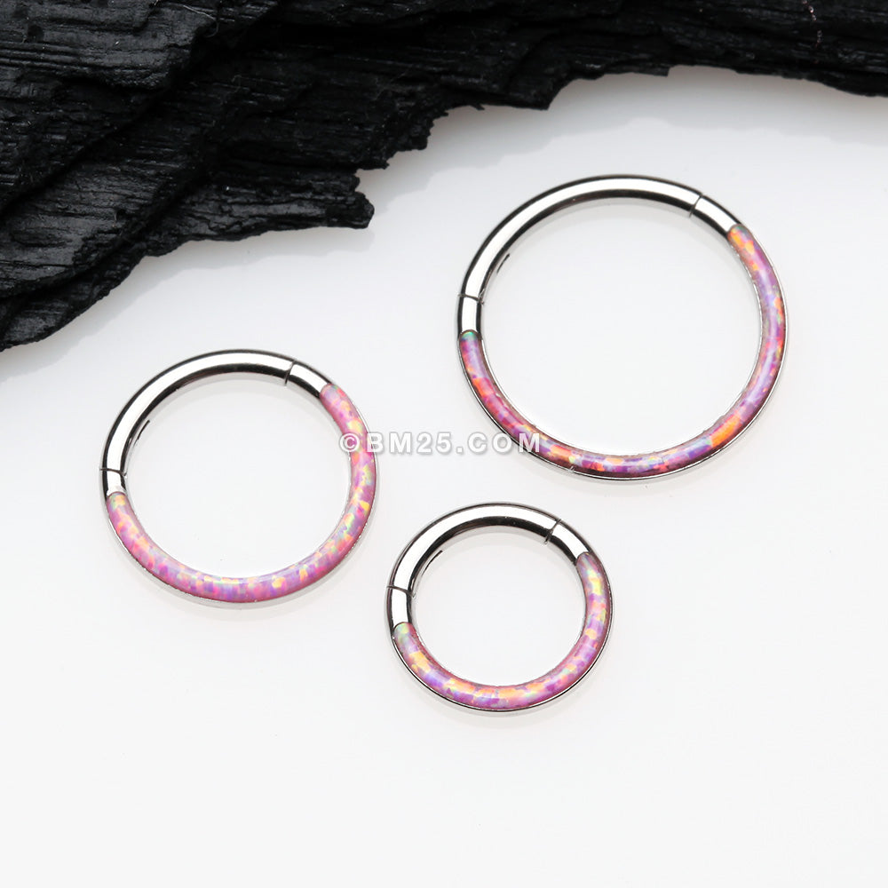 Detail View 2 of Brilliant Fire Opal Lined Front Facing Seamless Clicker Hoop Ring-Pink Opal