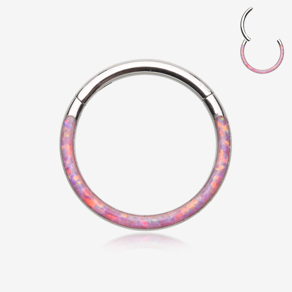 Brilliant Fire Opal Lined Front Facing Seamless Clicker Hoop Ring-Pink Opal