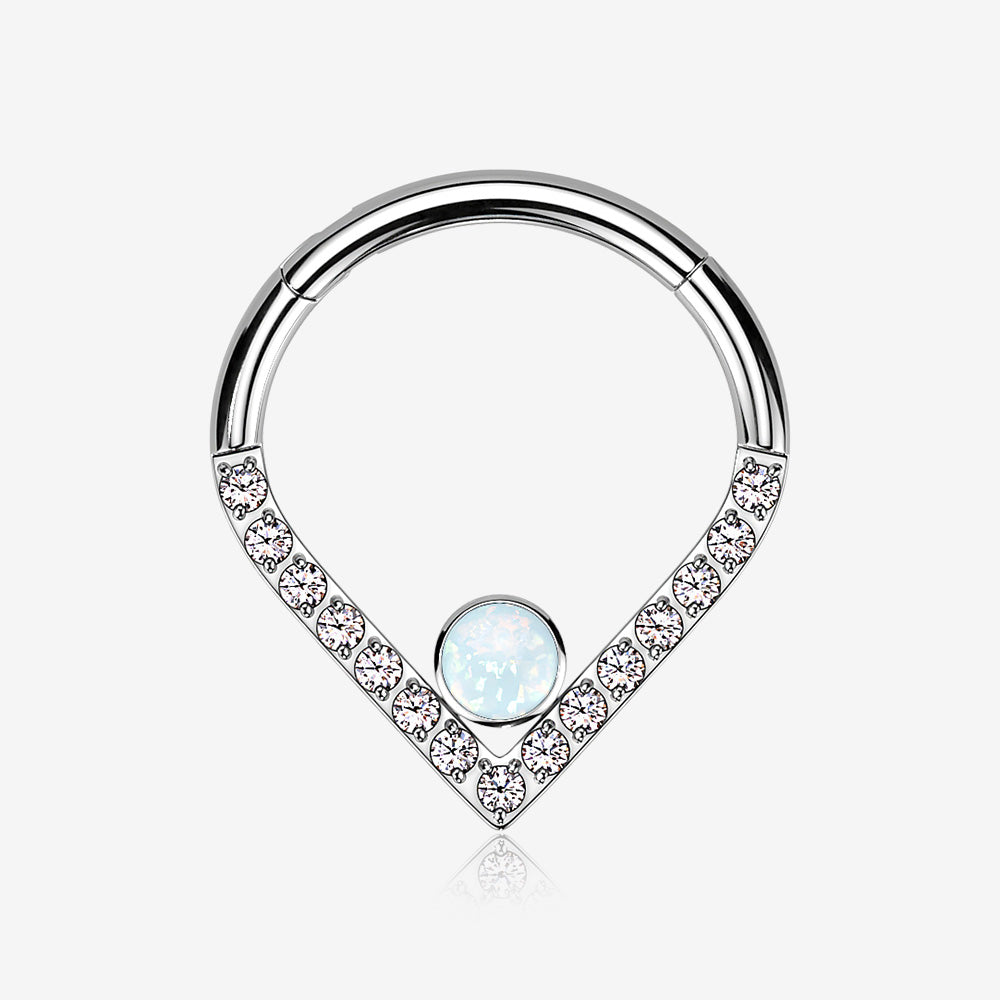 Implant Grade Titanium Sparkle Lined Center Fire Opal Clicker Hoop Ring-Clear Gem/White Opal