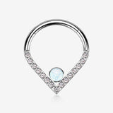 Implant Grade Titanium Sparkle Lined Center Fire Opal Clicker Hoop Ring-Clear Gem/White Opal