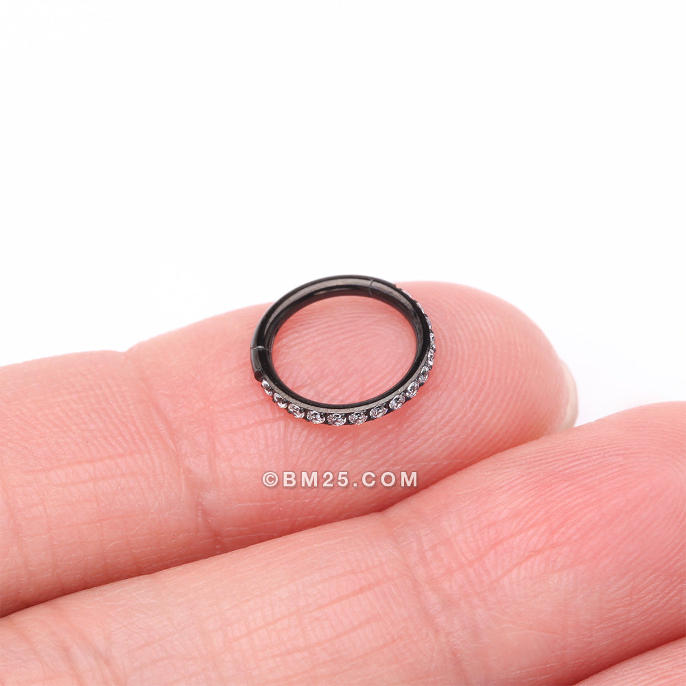 Detail View 2 of Implant Grade Titanium Blackline Brilliant Sparkle Gems Lined Clicker Hoop Ring-Clear Gem