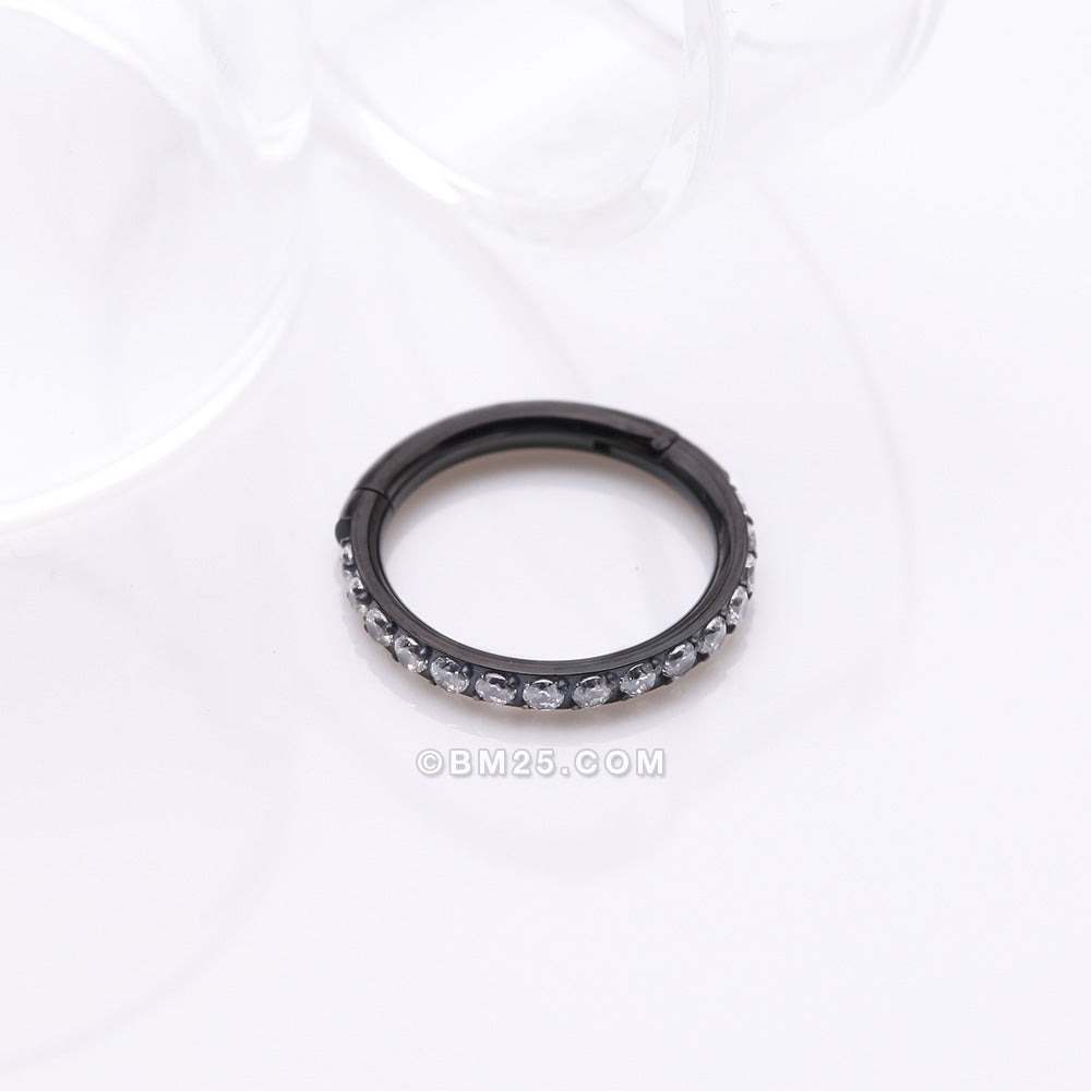 Detail View 1 of Implant Grade Titanium Blackline Brilliant Sparkle Gems Lined Clicker Hoop Ring-Clear Gem