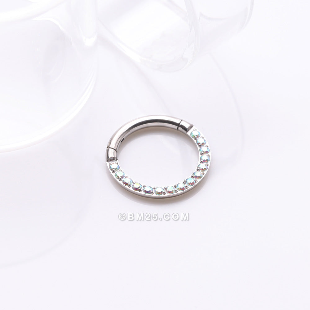 Detail View 1 of Implant Grade Titanium Brilliant Sparkle Gems Front Lined Clicker Hoop Ring-Aurora Borealis