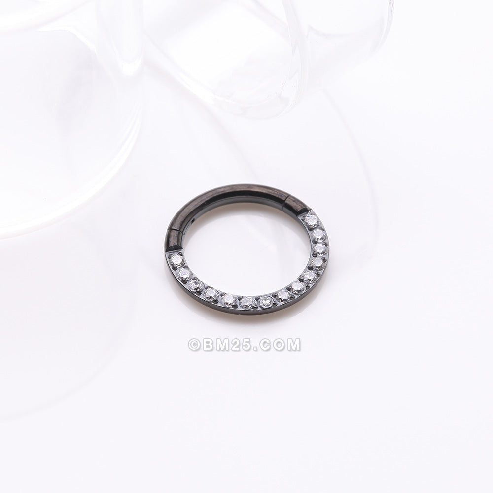 Detail View 1 of Implant Grade Titanium Blackline Brilliant Sparkle Gems Front Lined Clicker Hoop Ring-Clear Gem