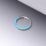 Detail View 1 of Implant Grade Titanium Brilliant Fire Opal Lined Front Facing Seamless Clicker Hoop Ring-Blue Opal