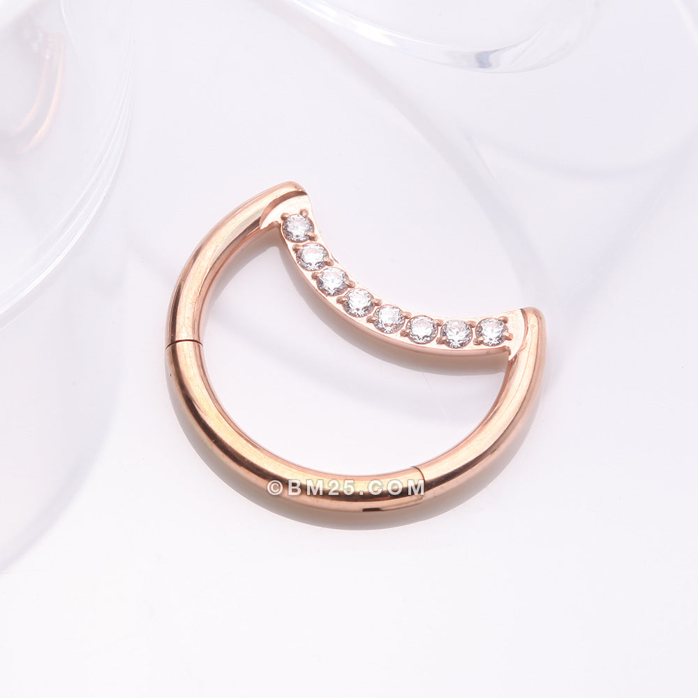 Detail View 1 of Implant Grade Titanium Rose Gold Crescent Moon Sparkle Clicker Hoop Ring-Clear Gem