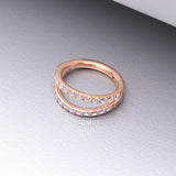 Detail View 1 of Implant Grade Titanium Rose Gold Double Hoop Gems Seamless Clicker Hoop Ring-Aurora Borealis