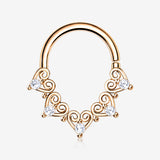 Rose Gold Royal Heart Filigree Sparkle Bendable Hoop Ring-Clear Gem