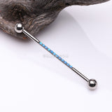 Detail View 1 of Implant Grade Titanium Sparkle Lined Fire Opal Industrial Barbell-Blue Opal