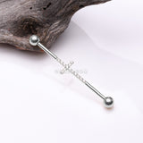 Detail View 1 of Implant Grade Titanium Sparkle Lined Multi-Gem Cross Industrial Barbell-Clear Gem