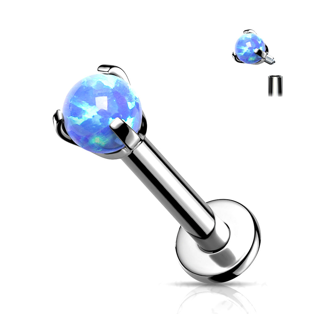 Implant Grade Titanium Internally Threaded Fire Opal Ball Claw Prong Set Labret-Blue Opal