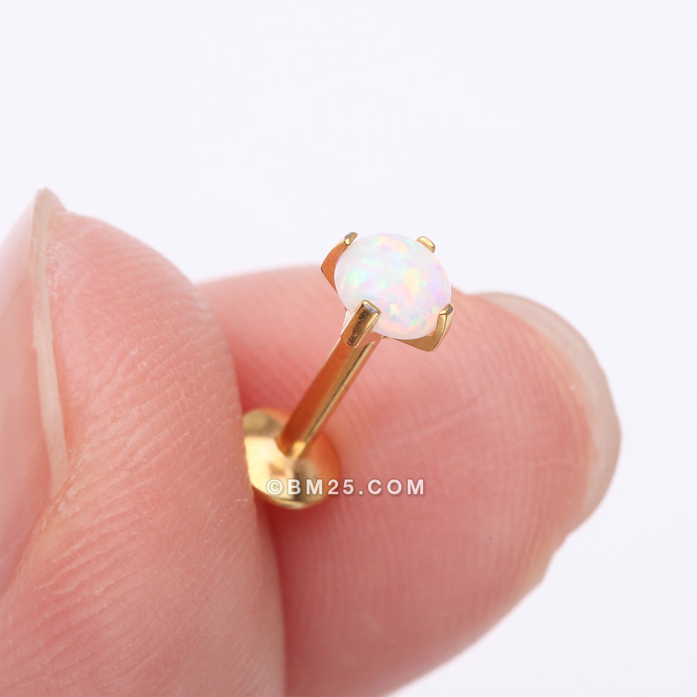 Detail View 2 of Implant Grade Titanium Golden Internally Threaded Fire Opal Sparkle Prong Set Labret-White Opal