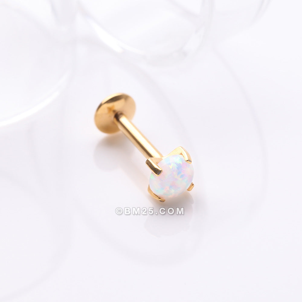 Detail View 1 of Implant Grade Titanium Golden Internally Threaded Fire Opal Sparkle Prong Set Labret-White Opal