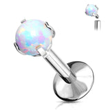 Implant Grade Titanium Internally Threaded Fire Opal Sparkle Prong Set Labret-White Opal
