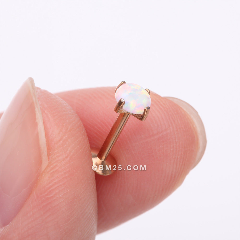 Detail View 2 of Implant Grade Titanium Rose Gold Internally Threaded Fire Opal Sparkle Prong Set Labret-White Opal