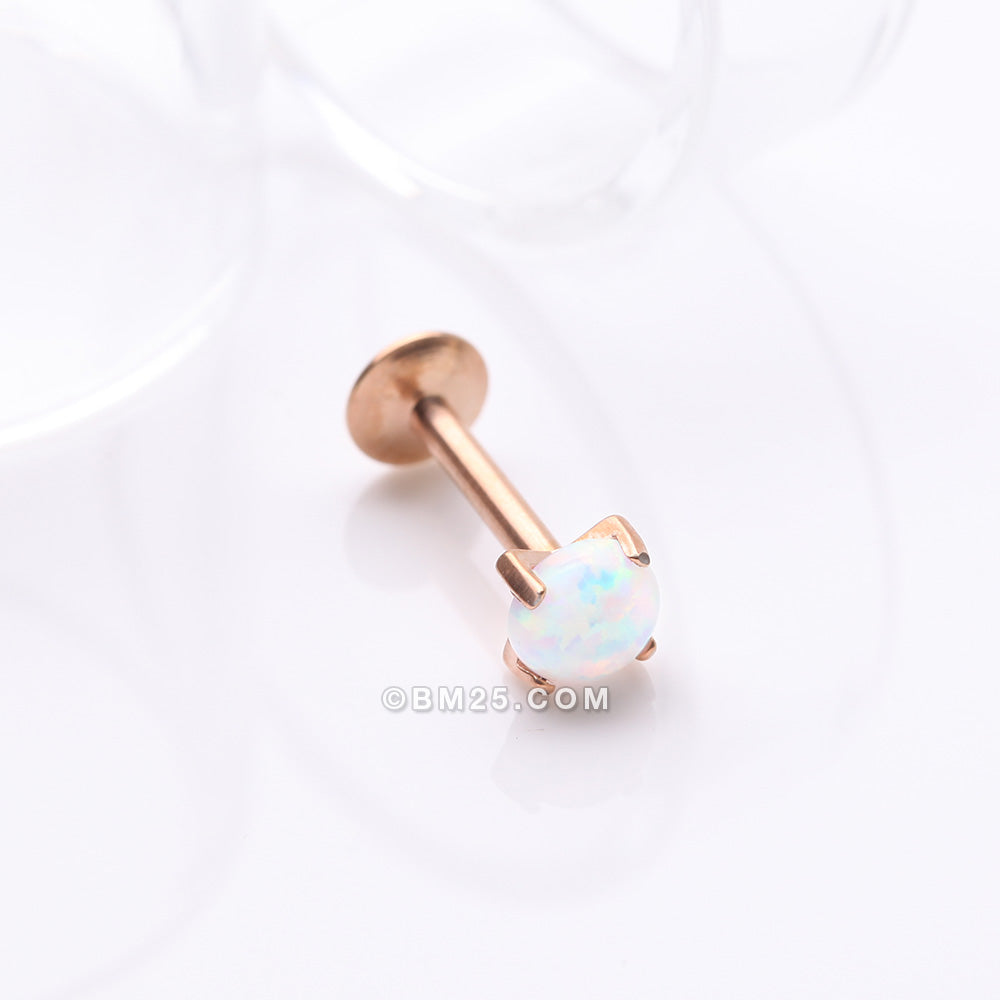 Detail View 1 of Implant Grade Titanium Rose Gold Internally Threaded Fire Opal Sparkle Prong Set Labret-White Opal
