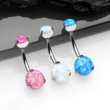 Detail View 4 of Implant Grade Titanium Internally Threaded Opal Prong Belly Button Ring-Blue Opal