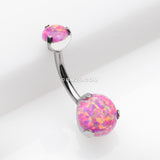 Detail View 2 of Implant Grade Titanium Internally Threaded Opal Prong Belly Button Ring-Pink Opal