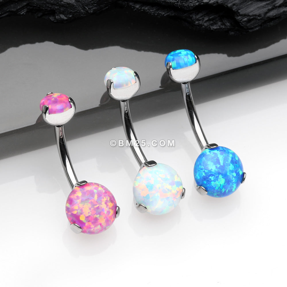 Detail View 4 of Implant Grade Titanium Internally Threaded Opal Prong Belly Button Ring-Pink Opal
