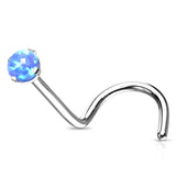 Implant Grade Titanium Fire Opal Prong Set Top Nose Screw Ring-Blue Opal